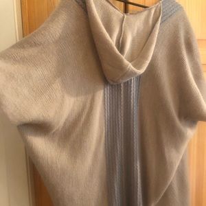 Tan and gray knit poncho with hood
